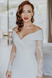 Charming Off the Shoulder Long Sleeves V Neck Mermaid Wedding Dresses, Bridal Dresses STF15116