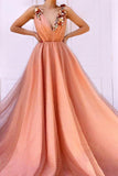 Charming Orange 3D Flowers Long Prom Dresses V-neck Tulle Cheap Evening Dresses STF15120