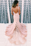 Unique Mermaid V Neck Spaghetti Straps Pink Prom Dresses, Cheap Party Dress STF15605