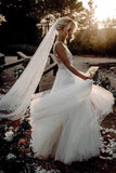 Elegant A Line V Neck Tulle Wedding Dresses with Flowers, V Back Beach Wedding Gowns STF15513