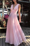 Flowy Simple Cheap Long V-Neck Pink Prom Dresses P1MX2QR6