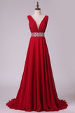 2024 A Line V Neck Pleated Bodice Chiffon Prom Dresses With Beading Court P7E4S1Y1