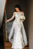 Mermaid Long Sleeve Lace Appliques Off the Shoulder Detachable Train Wedding Dresses STF15262