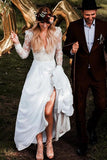 Simple Long Sleeve V Neck Chiffon Wedding Dresses, Lace V Back Beach Bridal Dresses STF15393