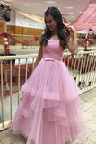 Unique Pink Tulle Long Prom Dresses, Strapless Belt Sweet 16 Dress STF15462
