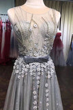 A Line Grey Tulle Beads 3D Flowers Round Neck Long Prom Dresses with Belt STF15000