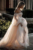 Princess Long Puff Sleeves Off the Shoulder Tulle Wedding Dresses, Beach Wedding Gowns STF15298