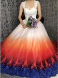 Princess Sweetheart Lace Appliques Ombre Tulle Long Prom Dresses Wedding Dresses STF15309