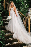Elegant A Line Illusion Beads V Neck Tulle Long Backless Wedding Dresses Prom STFP8CG9KC9
