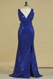 2024 Sexy Open Back V Neck Sequins With Slit Prom Dresses Sheath Dark P5F9AB14