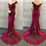 2024 Off-the-Shoulder Burgundy Lace Appliques Long Mermaid Prom Dresses