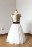 2024 A Line Simple Light Gold Sequin Ivory Tulle Scoop Flower Girl Dress with Burgundy Sash