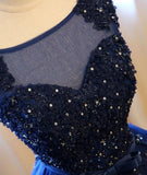 Dark Blue Tulle Lace Beads Ball Gown Open Back Sweet 16 Dress Quinceanera Dresses