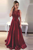 Simple A-Line Round Neck V-Back Maroon Satin Sleeveless Prom Dresses with Lace
