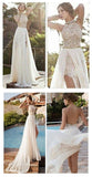 2024 Sexy Lace Backless Long Chiffon High Neckline Halter Side Slit Prom Dress