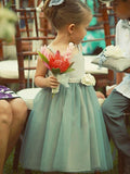 A-Line/Princess Sleeveless Square Tea-Length Hand-Made Flower Tulle Flower Girl Dresses TPP0007599