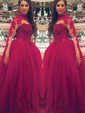 Ball Gown Long Sleeves High Neck Applique Floor-Length Tulle Dresses TPP0001898