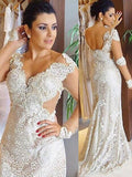 Sheath/Column V-neck Lace Long Sleeves Sweep/Brush Train Wedding Dresses TPP0006686