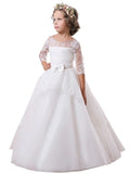 Ball Gown Jewel Long Sleeves Lace Sweep/Brush Train Satin Flower Girl Dresses TPP0007605