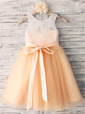 A-line/Princess Sleeveless Scoop Sash/Ribbon/Belt Tea-Length Tulle Flower Girl Dresses TPP0007699