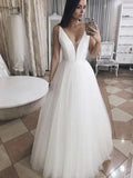 A-Line/Princess Tulle Ruffles V-neck Sleeveless Floor-Length Wedding Dresses TPP0006782
