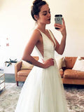 A-Line/Princess Tulle V-neck Ruched Sleeveless Sweep/Brush Train Wedding Dresses TPP0006741