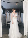A-Line/Princess Tulle Beading Scoop Long Sleeves Sweep/Brush Train Wedding Dresses TPP0006985