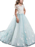 A-line/Princess Scoop Short Sleeves Lace Tulle Floor-Length Flower Girl Dresses TPP0007583