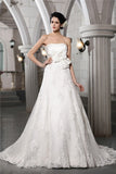 A-Line/Princess Strapless Sleeveless Beading Applique Hand-Made Flower Long Satin Wedding Dresses TPP0006931