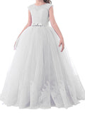 Ball Gown Jewel Sleeveless Bowknot Floor-Length Tulle Flower Girl Dresses TPP0007644