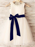 A-line/Princess Scoop Sleeveless Bowknot Tea-Length Tulle Flower Girl Dresses TPP0007624