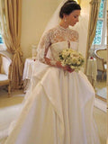 Ball Gown Satin Lace High Neck Long Sleeves Chapel Train Wedding Dresses TPP0006858