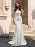 Trumpet/Mermaid Stretch Crepe Off-the-Shoulder Ruched Sleeveless Sweep/Brush Train Wedding Dresses TPP0005918