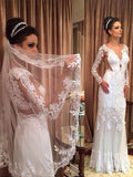 Sheath/Column Tulle Long Sleeves V-neck Floor-Length Wedding Dresses TPP0006622