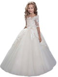 Ball Gown Off-the-Shoulder Short Sleeves Applique Floor-Length Tulle Flower Girl Dresses TPP0007609