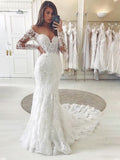 Trumpet/Mermaid Tulle Applique Off-the-Shoulder Long Sleeves Sweep/Brush Train Wedding Dresses TPP0005898