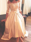 A-Line/Princess Off-the-Shoulder Asymmetrical Sweep/Brush Train 1/2 Sleeves Lace Satin Wedding Dresses TPP0006641