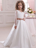 Ball Gown V-neck Long Sleeves Lace Floor-Length Satin Flower Girl Dresses TPP0007590