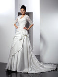 A-Line/Princess V-neck Applique 1/2 Sleeves Long Satin Wedding Dresses TPP0006567