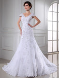 A-Line/Princess V-neck Beading Sleeveless Long Organza Wedding Dresses TPP0006818