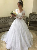 Ball Gown V-neck Long Sleeves Sweep/Brush Train Applique Satin Wedding Dresses TPP0006577