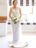 Sheath/Column Scoop Applique Sleeveless Lace Court Train Wedding Dresses TPP0006572