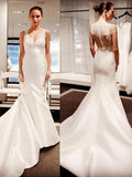 Trumpet/Mermaid V-neck Satin Applique Sleeveless Court Train Wedding Dresses TPP0006902