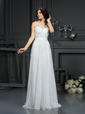 A-Line/Princess V-neck Lace Sleeveless Long Chiffon Wedding Dresses TPP0006576