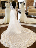Sheath/Column Lace Scoop Sleeveless Bowknot Chapel Train Wedding Dresses TPP0006399