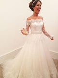 A-Line/Princess Off-the-Shoulder Long Sleeves Sweep/Brush Train Lace Tulle Wedding Dresses TPP0006688