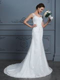 Trumpet/Mermaid V-neck Sleeveless Lace Court Train Tulle Wedding Dresses TPP0006742
