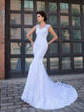Trumpet/Mermaid V-neck Applique Sleeveless Long Satin Wedding Dresses TPP0006208