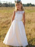 A-Line/Princess Sleeveless Scoop Floor-Length Sash/Ribbon/Belt Lace Flower Girl Dresses TPP0007696