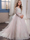 Ball Gown Jewel Long Sleeves Lace Sweep/Brush Train Tulle Flower Girl Dresses TPP0007614